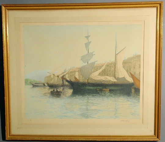 Appraisal: Framed aquatint print of a sailing ship and dinghies in