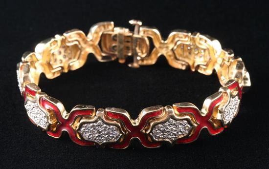 Appraisal: K YELLOW GOLD RED ENAMEL AND DIAMOND BRACELET Circa Architectural