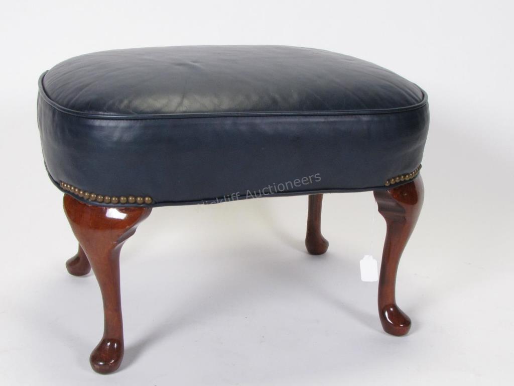 Appraisal: Mahogany Foot Stool modern Queen Ann style blue leather top