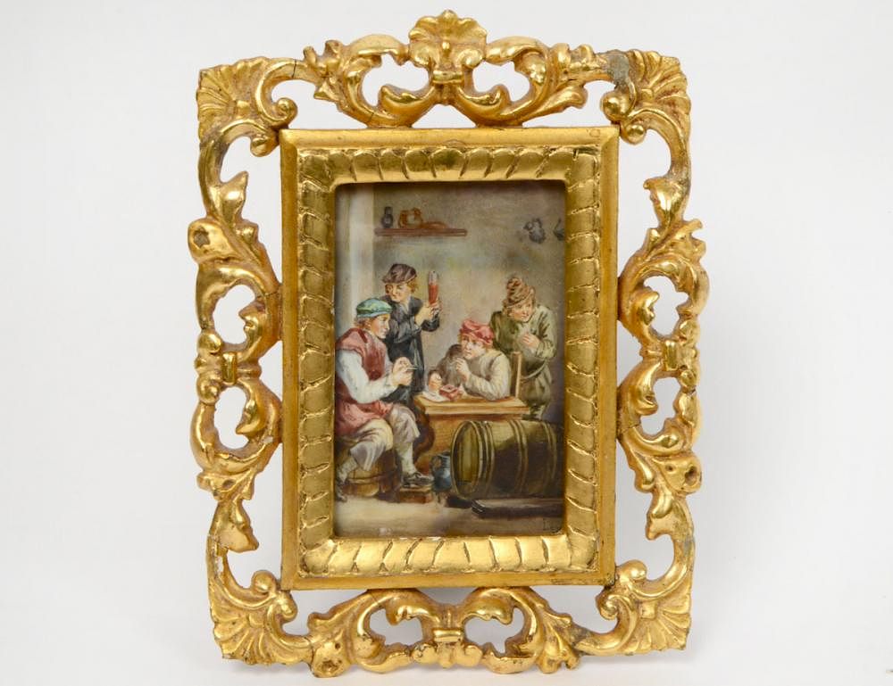 Appraisal: PAINTED IVORY MINIATURE OF A TAVERN INTERIOR Late th Early