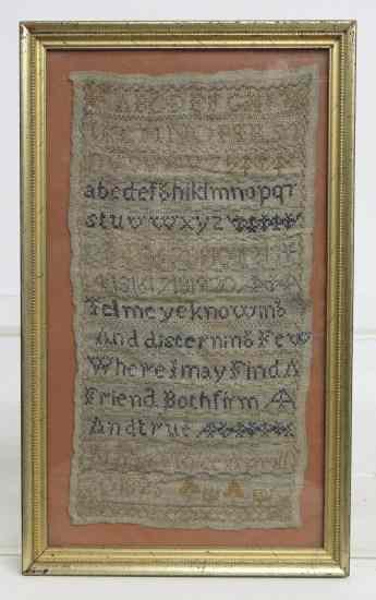 Appraisal: th c needlework sampler having verse alphabet and name ''Maria