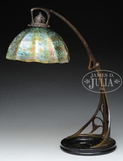 Appraisal: INTERESTING ART NOUVEAU STYLE BRONZE TABLE LAMP WITH ART GLASS