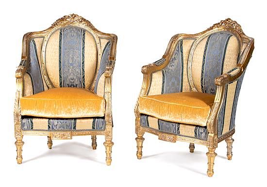 Appraisal: A Pair of Louis XVI Style Carved Giltwood Bergeres Height