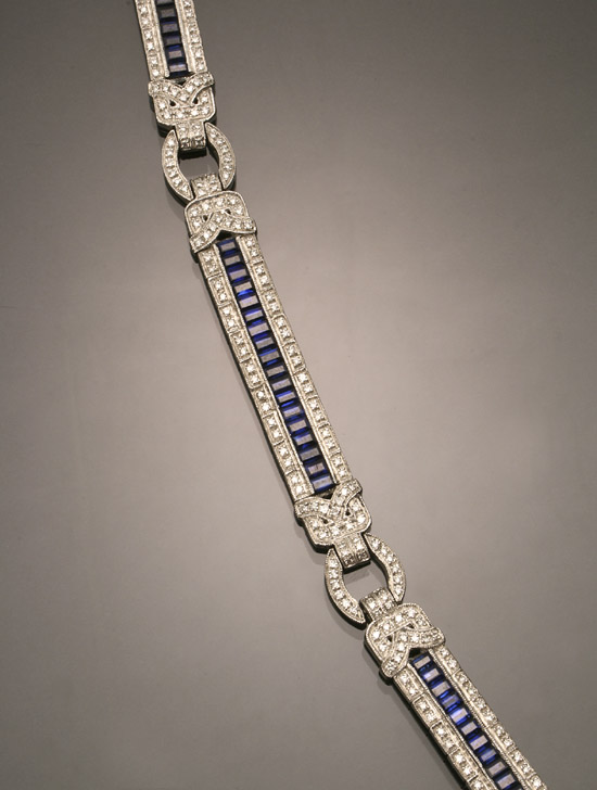 Appraisal: -Karat White-Gold Blue Sapphire and Diamond Cocktail Bracelet The flexible