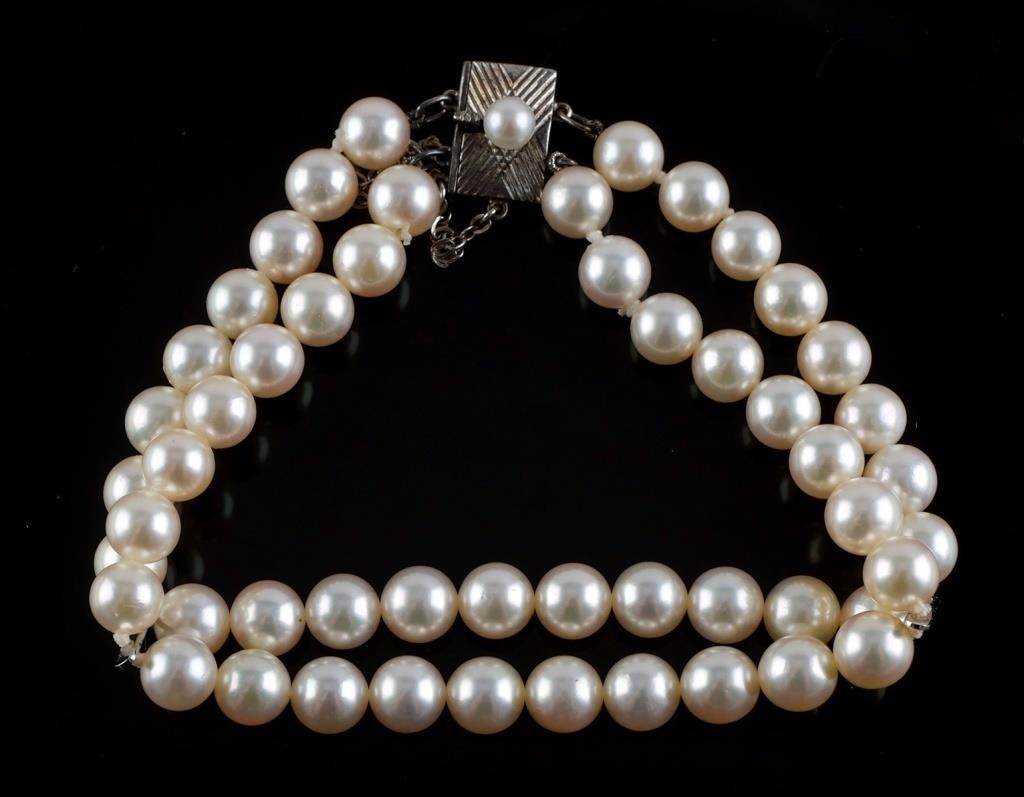 Appraisal: Vintage Mikimoto two-stranded pearl bracelet Measures a little over long