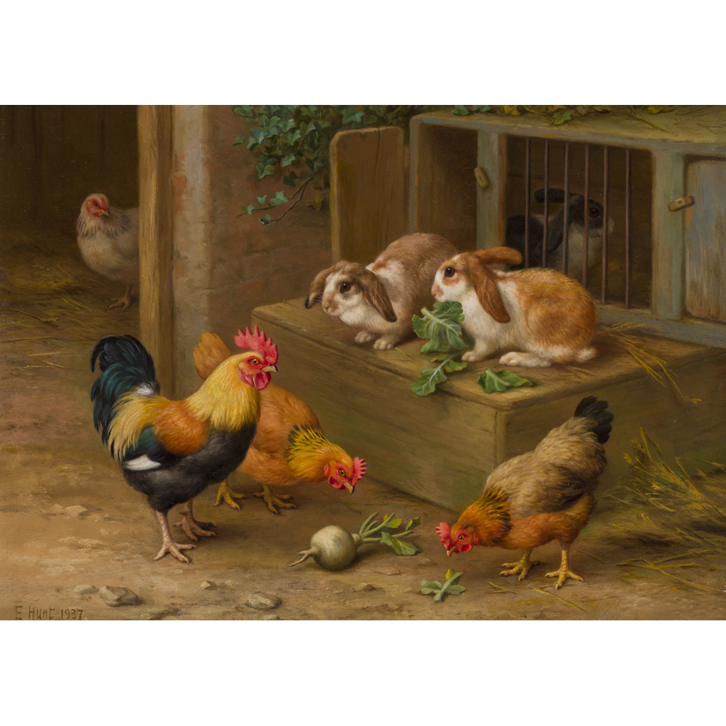 Appraisal: EDGAR HUNT BRITISH - CHICKENS AND RABBITS IN A FARMYARD