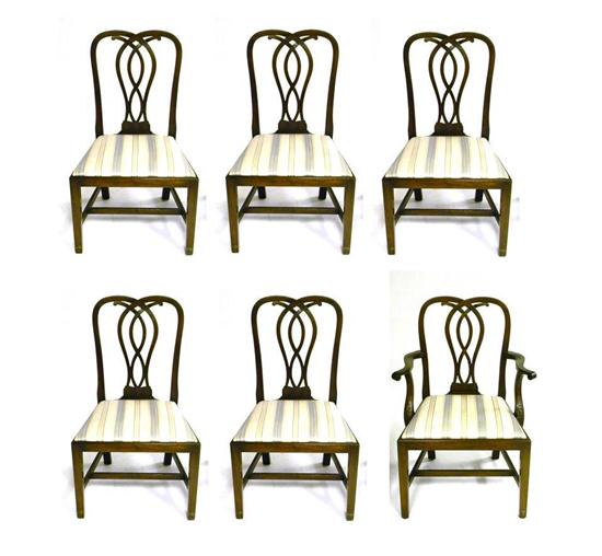 Appraisal: Six Hepplewhite style dining room chairs H-frame pierced splat upholstered