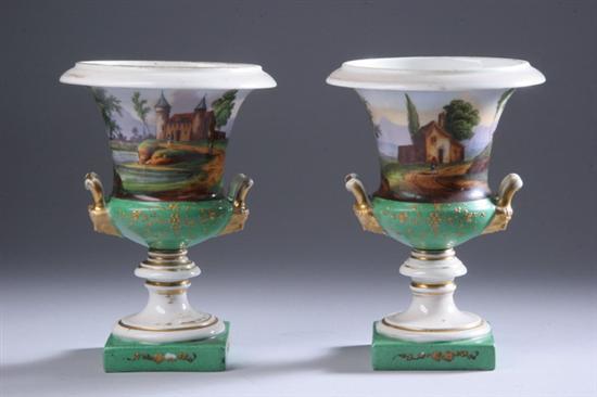 Appraisal: PAIR PARIS PORCELAIN URNS th century Apple green ground the