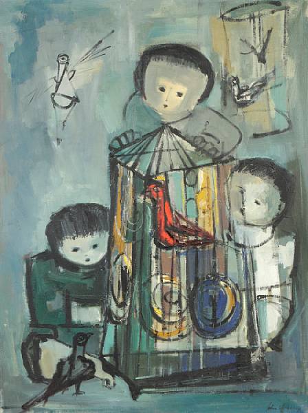 Appraisal: John Chin Young American - Children around the birdcage signed