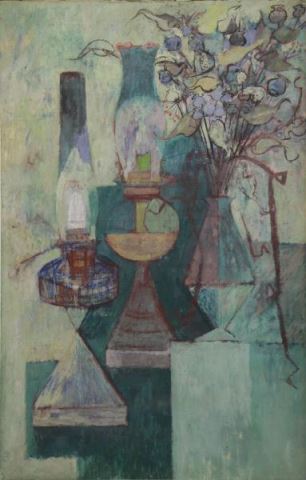 Appraisal: SHULMAN Morris Still Life Lamps and Weeds Casein Gouache on