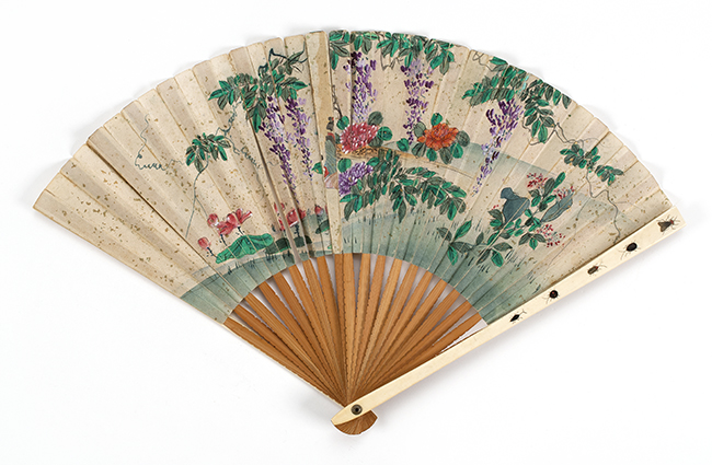 Appraisal: RICE PAPER BAMBOO AND IVORY FOLDING FAN Japanese th CenturyIllustrated