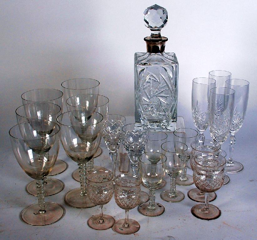 Appraisal: MODERN SILVER MOUNTED AND MOULDED GLASS SQUARE DECANTER AND STOPPER