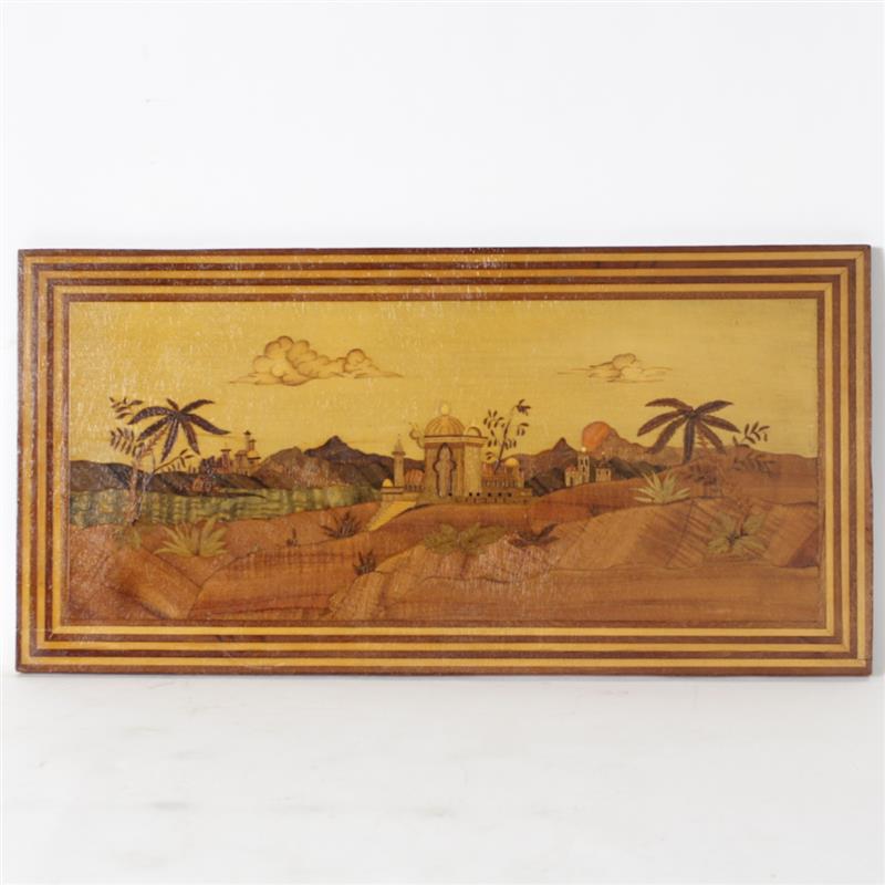 Appraisal: Scenic marquetry plaque panel with inlaid Orientalist village landscape with