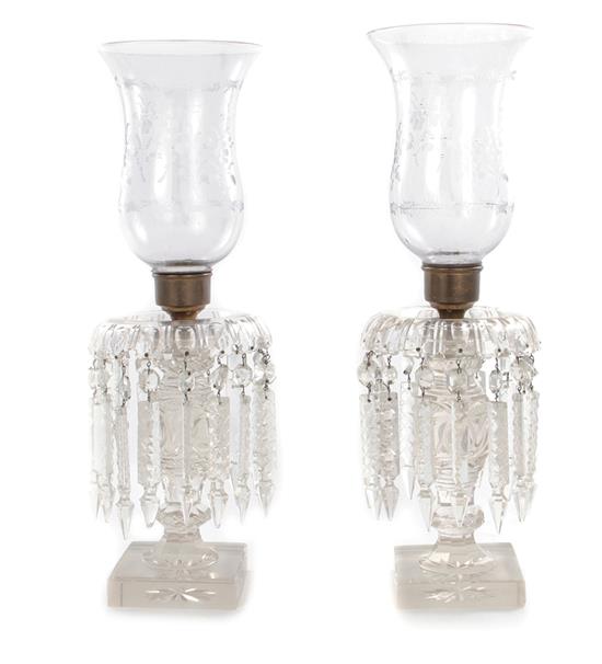 Appraisal: Pair cut-glass and etched hurricane shade candle lustres th century