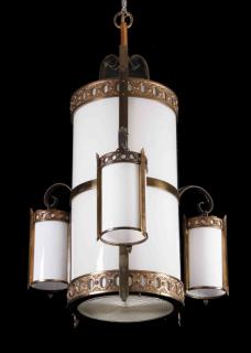 Appraisal: Bronze and milk glass chandeliers h Set of two early