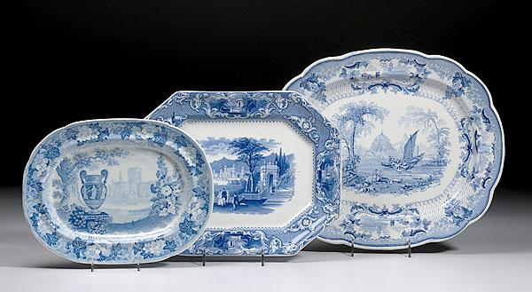 Appraisal: THREE ROMANTIC STAFFORDSHIRE PLATTERS English early to mid th century