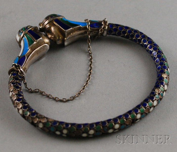 Appraisal: Egyptian Revival Sterling Silver and Enamel Bracelet the terminals two