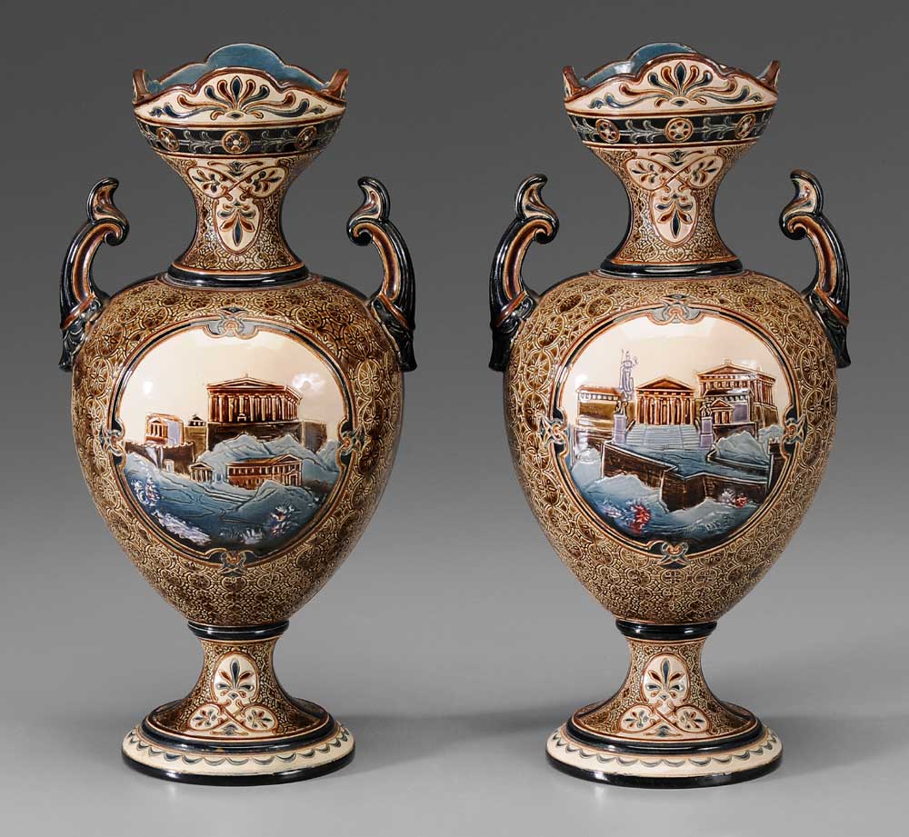 Appraisal: Pair French Majolica Vases probably French late th century reserves