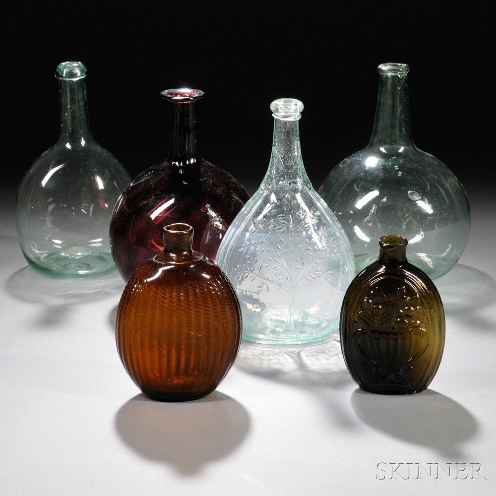 Appraisal: Six Blown and Blown-molded Colored Glass Bottles and Flasks early