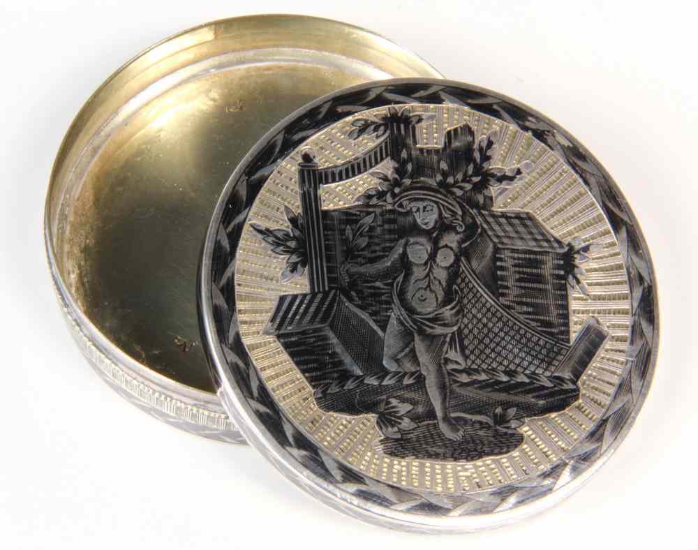 Appraisal: RUSSIAN SILVER PASTILLE BOX - Niello Silver Box in Disc