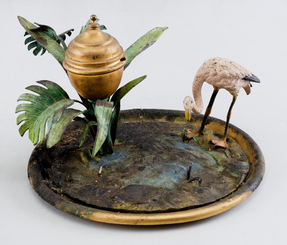 Appraisal: CONTINENTAL COLD-PAINTED BRONZE INKWELL AND STAND EARLY TH CENTURY HEIGHT