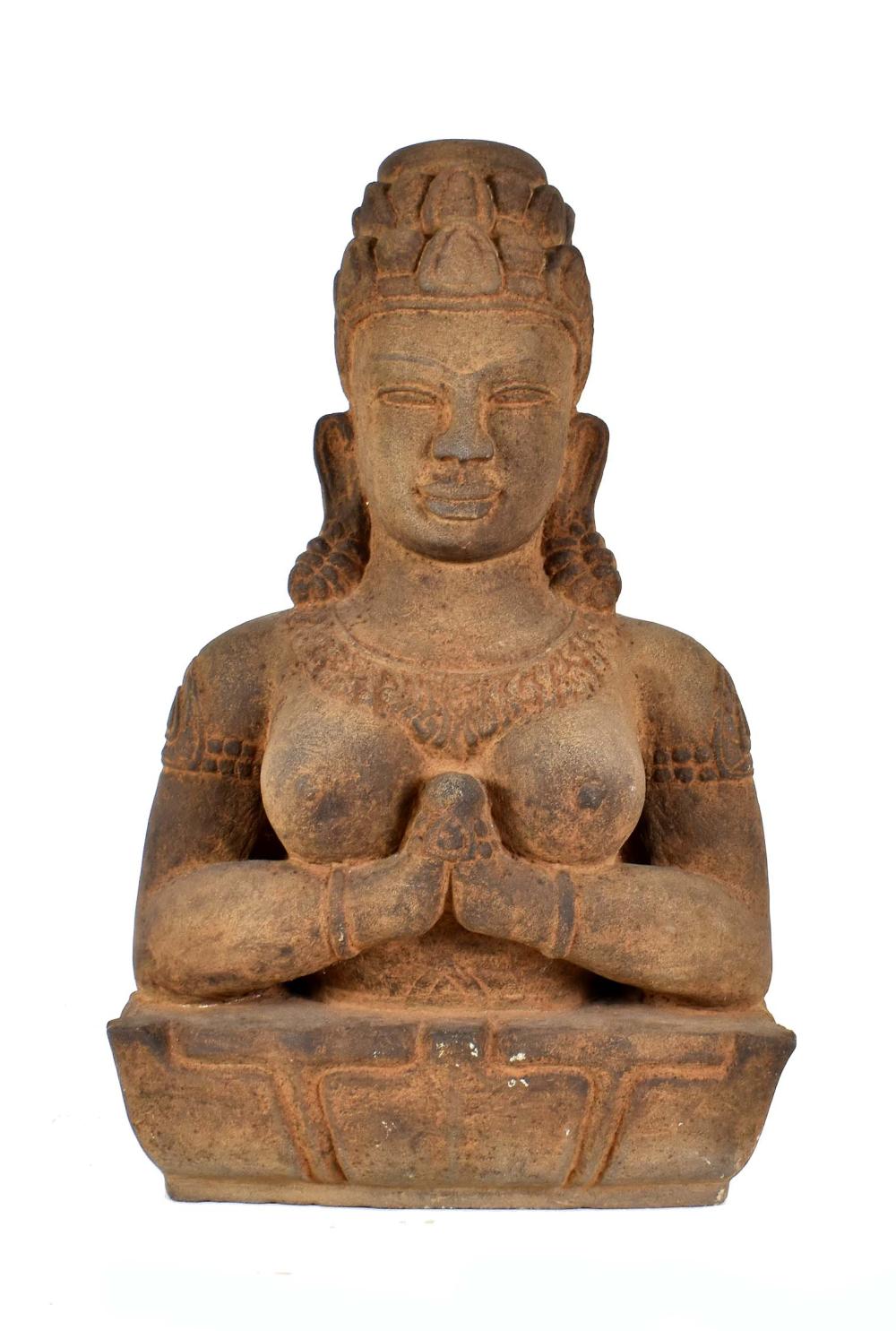 Appraisal: VIETNAMESE CARVED SANDSTONE BUST OF A DEITYThe bare-breasted female figure