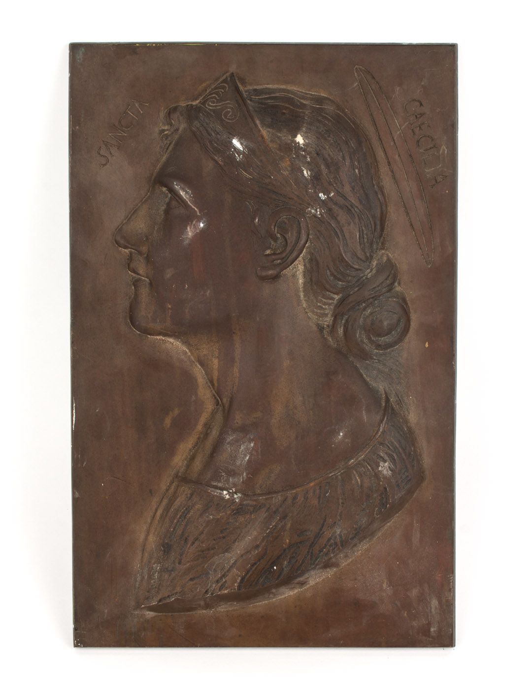 Appraisal: Italian bronze relief plaque of St Cecilia profile relief portrait