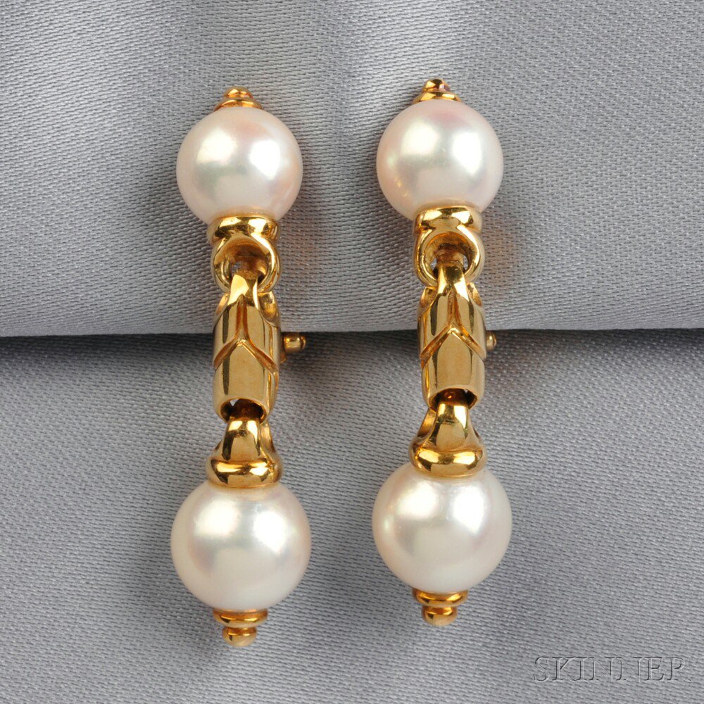 Appraisal: kt Gold and Cultured Pearl Earpendants Bulgari Italy each designed