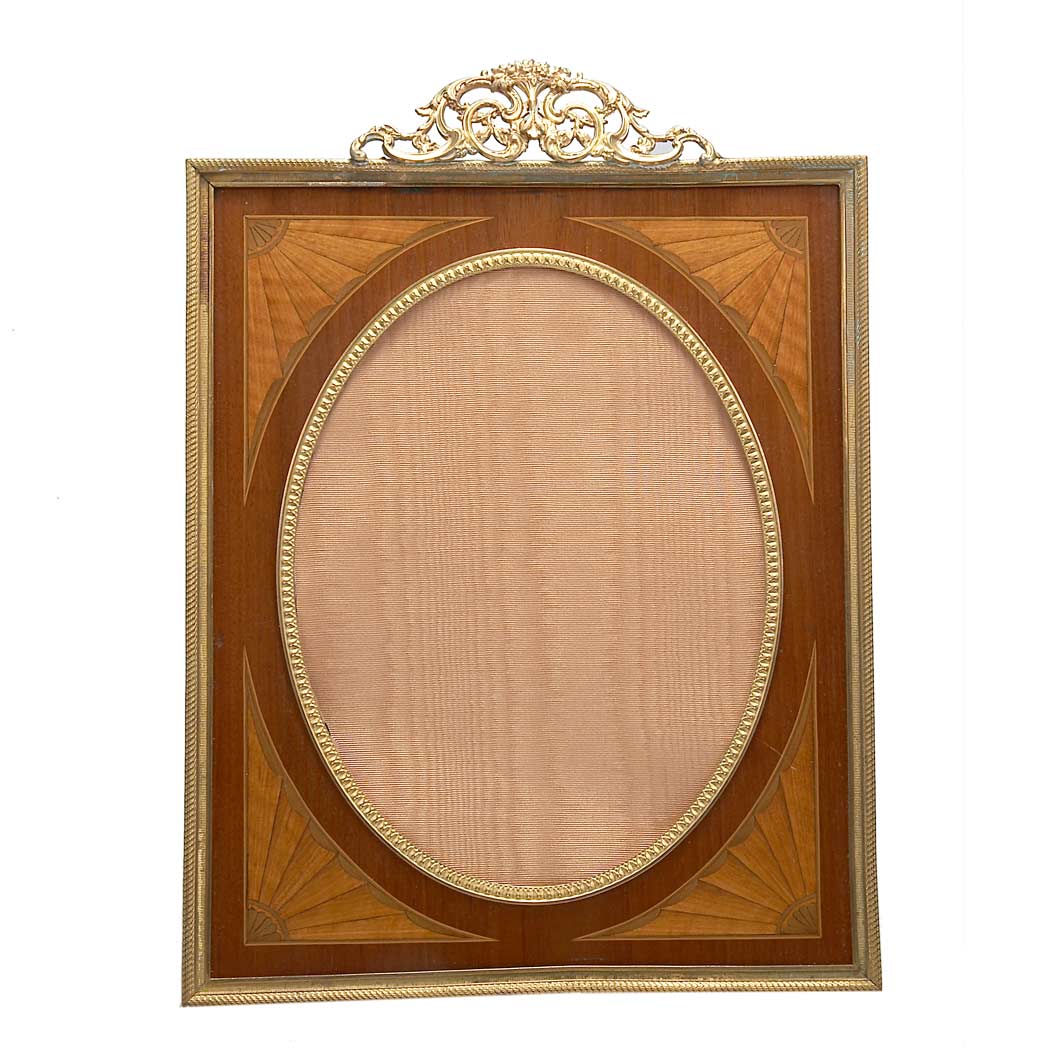 Appraisal: Edwardian Gilt-Metal and Parquetry Inlaid Walnut Photograph Frame Of rectangular