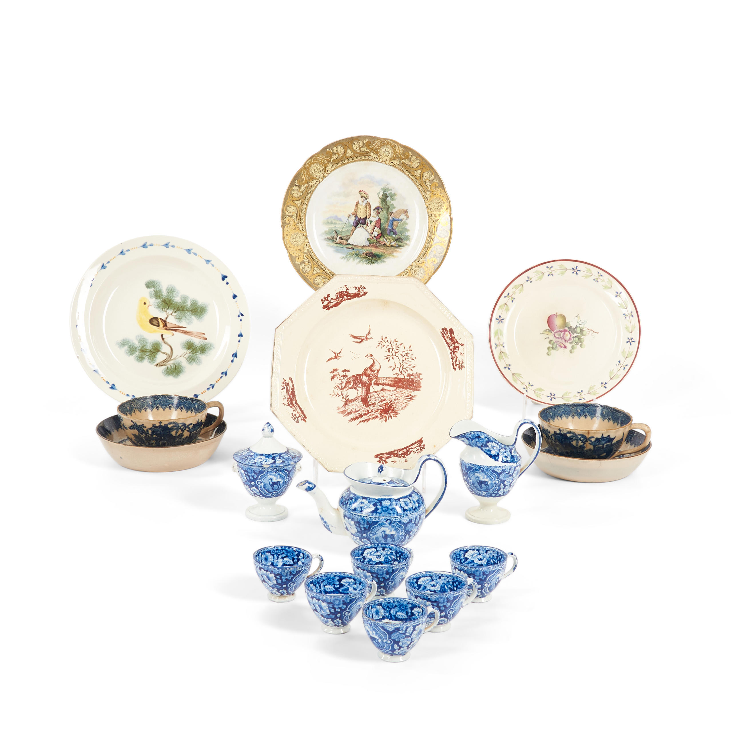 Appraisal: SEVENTEEN PIECES OF ENGLISH TRANSFER-DECORATED TABLEWARE including a miniature tea