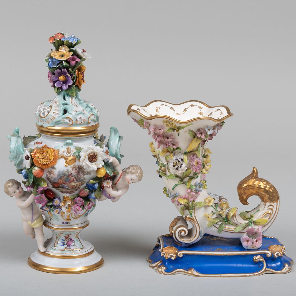 Appraisal: English Flower Encrusted Vase and Cover with a Cornucopia Vase