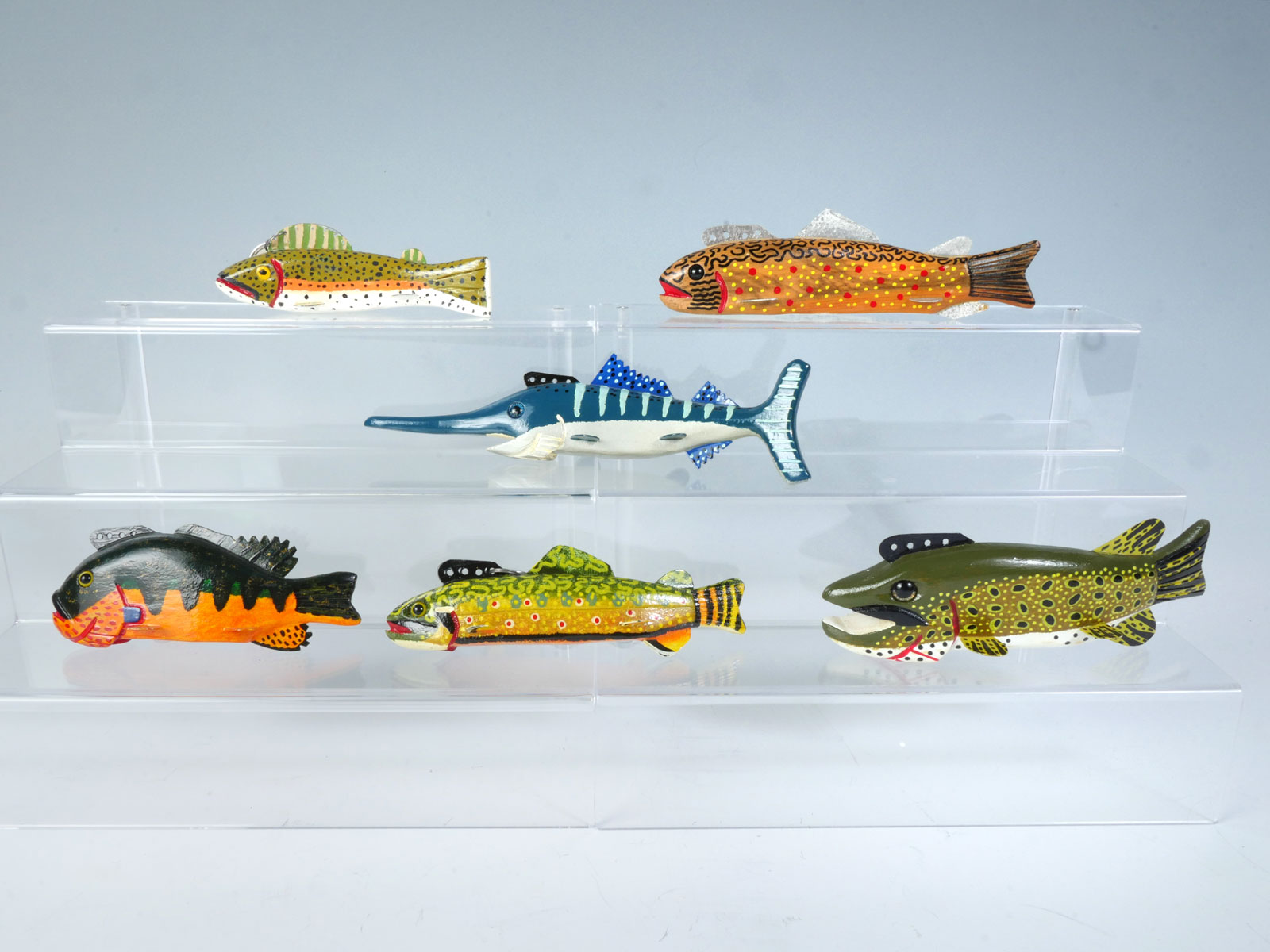 Appraisal: SIX HAND-CARVED AND PAINTED FISH DECOYS Jim Nelson '' Trout