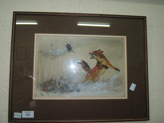 Appraisal: B Ridgley a fox chasing a bird watercolour x