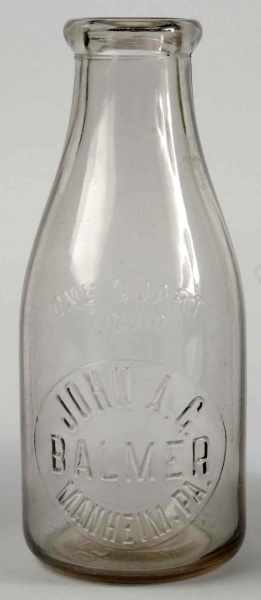 Appraisal: John Balmer -Quart Milk Bottle Description Late s Manheim PA