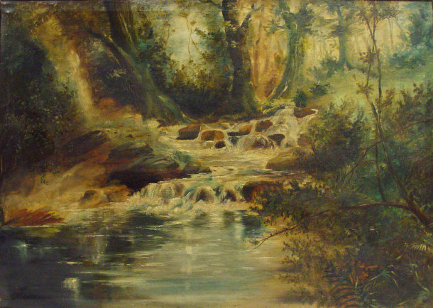 Appraisal: Large oil onto canvas of a wooded river in a