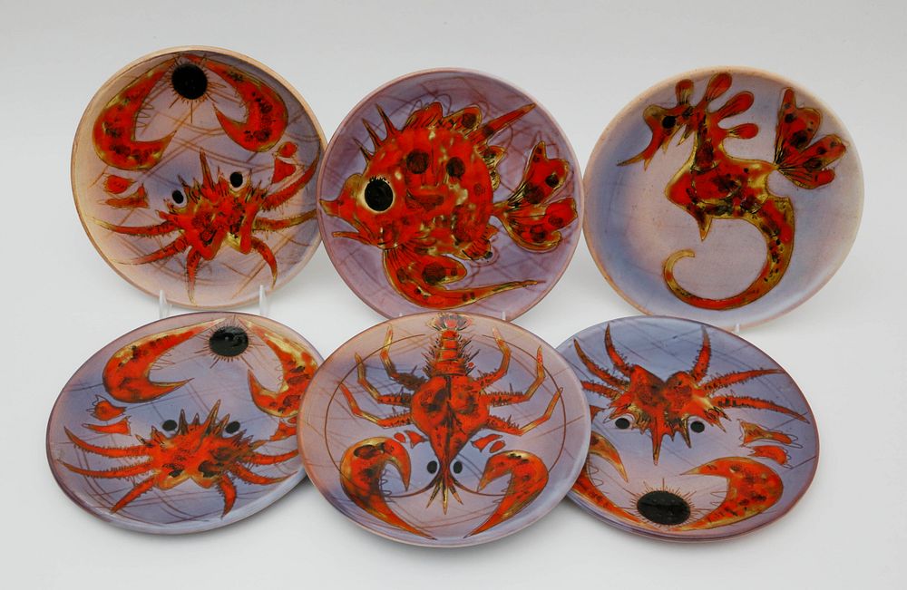 Appraisal: Set of Six Vence Enamel Painted Sea Creature Plates Set