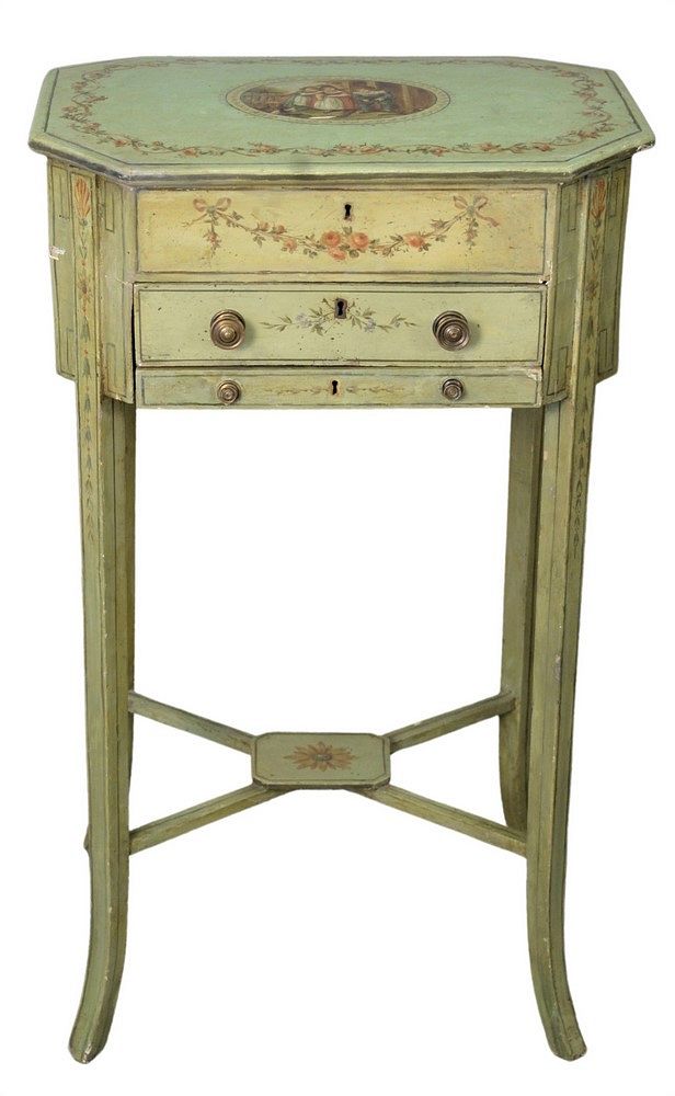 Appraisal: Adams Painted Sewing Stand having tilt top over two drawers