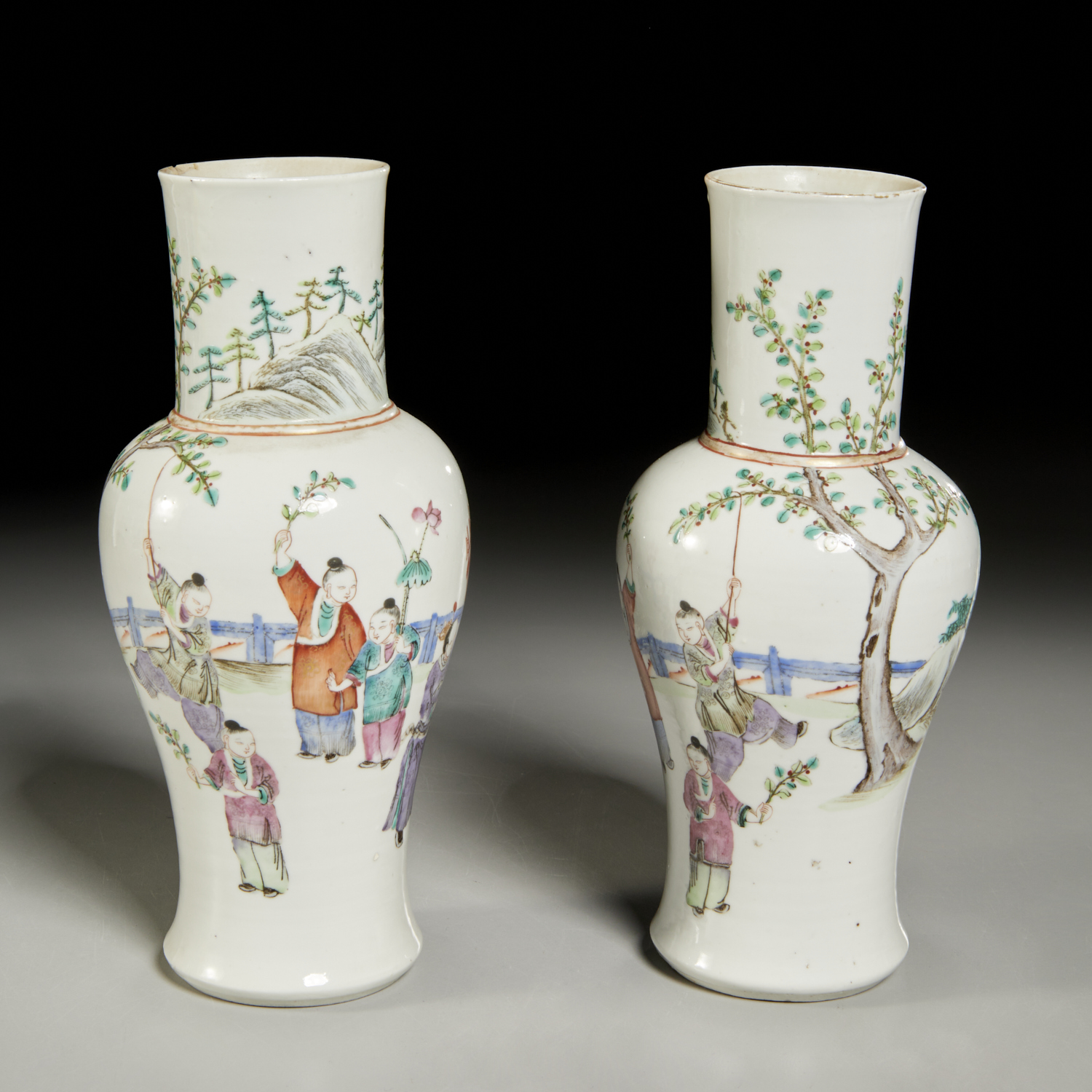 Appraisal: PAIR CHINESE FAMILLE ROSE BALUSTER VASES Late Qing Dynasty th