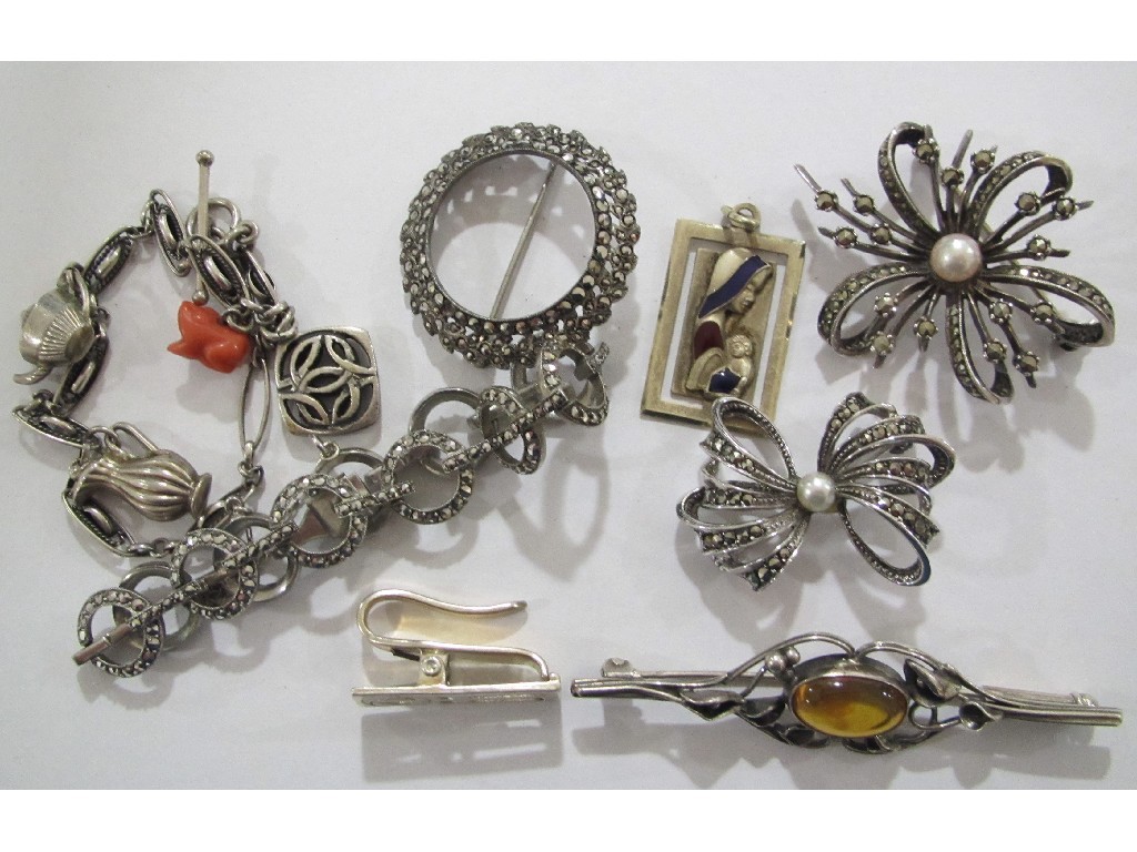 Appraisal: Lot of silver pieces to include marcasite brooch and bracelet