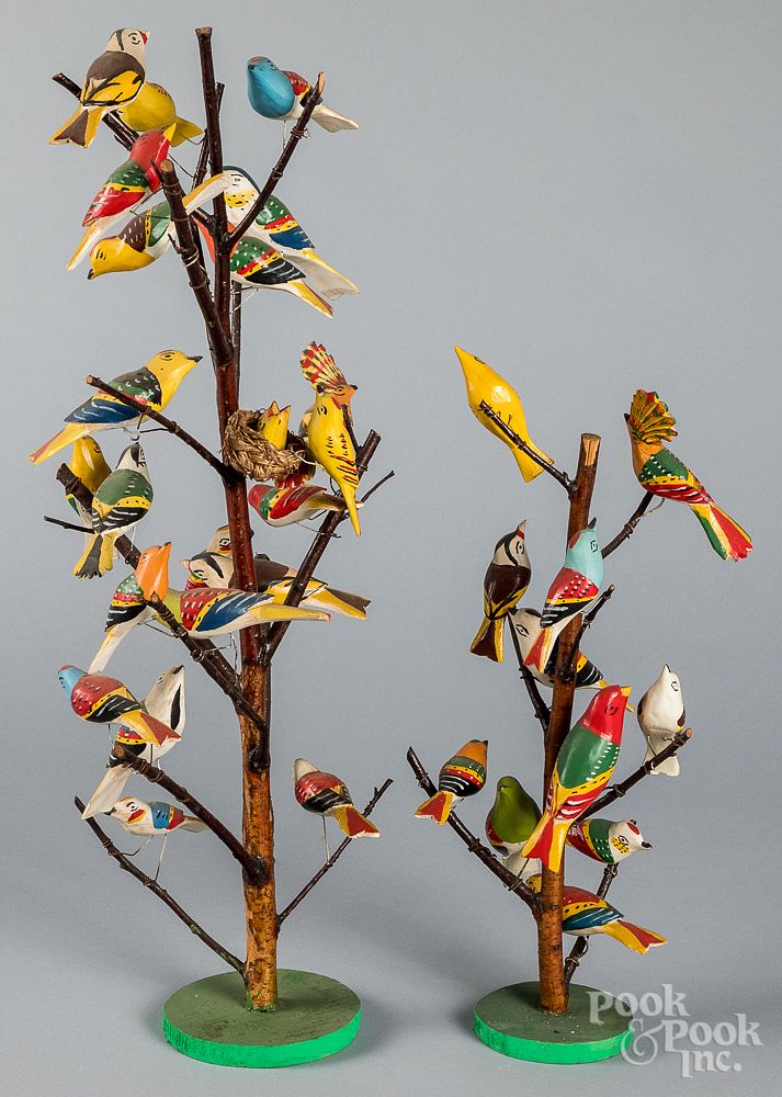 Appraisal: Two contemporary carved and painted bird trees Two contemporary carved