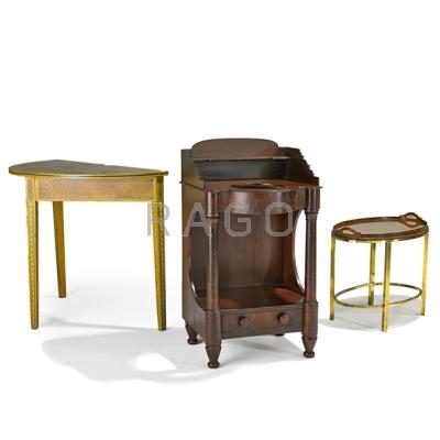 Appraisal: AMERICAN FURNITURE Mahogany washstand painted demilune console table and tray