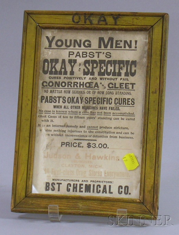 Appraisal: Framed Small Advertising Broadside Young Men Pabst's Okay Specific Cures