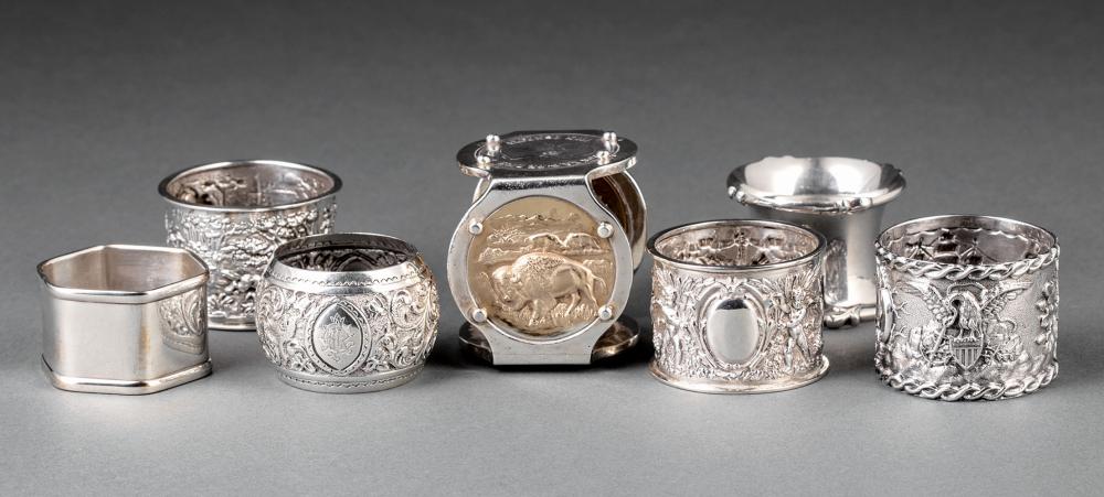 Appraisal: Group of Silver Napkin Rings incl hunting scene Birmingham probably