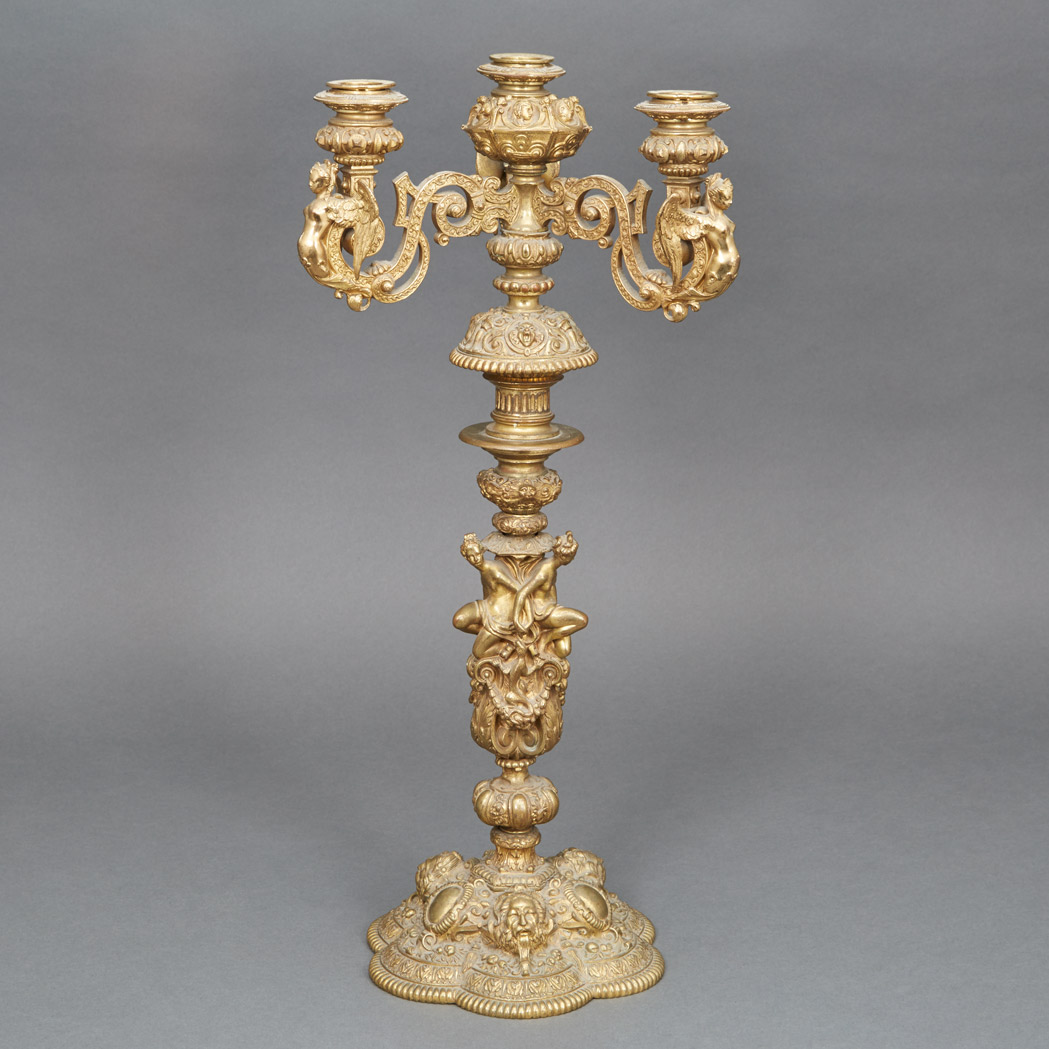 Appraisal: Renaissance Style Gilt-Metal Three-Light Candelabrum With a columnar standard decorated