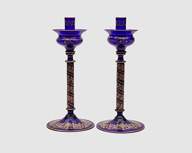 Appraisal: Pair of Gilt Decorated Cobalt Blue Murano Glass Candlesticks Cenedese