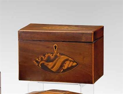 Appraisal: Inlaid mahogany tea caddy th century Rectangular hinged lid with