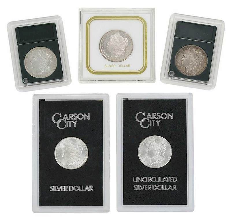 Appraisal: Five Silver Carson City Morgan Dollars pair of -CC -CC