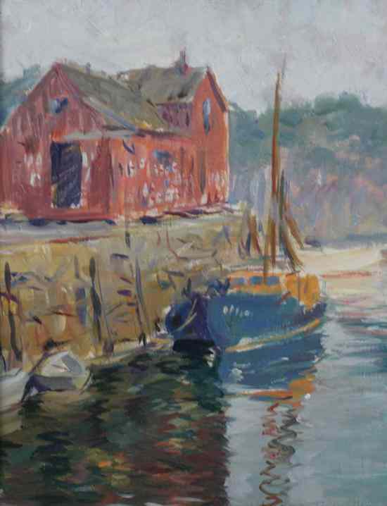 Appraisal: WILBUR FISK American th century RED BOATHOUSE WITH SAILBOAT AT