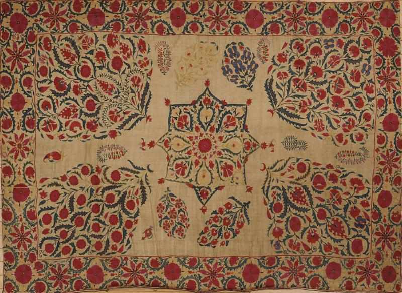 Appraisal: UZBEKI EMBROIDERED FIVE-PIECE SUSANI Worked with rose-colored floral stems and