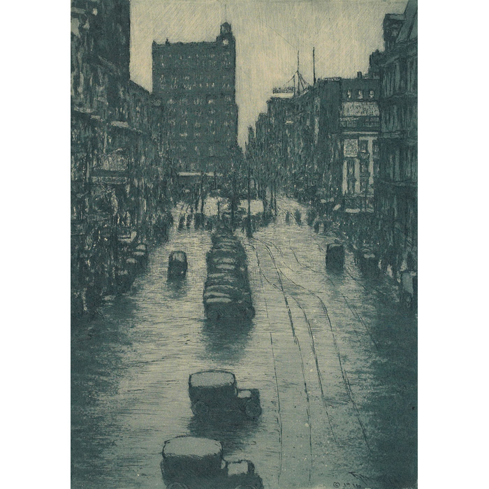 Appraisal: E T Hurley etching Cincinnati street scene with cars x